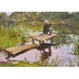 20th Century Russian School. A Man Fishing on a Jetty, Oil on Artist's Board, Signed in Cyrillic,