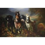 Lilian Cheviot (act.1884-1932) British. 'The Logging Team', Three Horse with a Farmer Pulling a