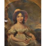 19th Century English School. Portrait of a Young Girl holding Flowers, wearing a White Dress and