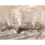Valeri Sekret (1950- ) Russian. A Train Station, in a Dark Winter Landscape, Oil on Canvas,