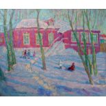 Oleg (Nikolaievich) Mikhailov (1934-1997) Russian. "Winterday", Figures in the Snow by a House,
