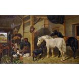 After John Frederick Herring (1820-1907) British. Horses, a Goat, Ducks, Rabbits and Pigeons in a