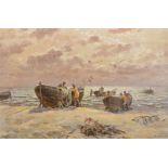 20th Century Russian School. A Coastal Scene, with Figures by a Beached Boat Unloading the Nets