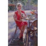 Konstantin Razumov (1974 ) Russian. "Afternoon Tea in Paris", a Beautiful Young Lady with a Dog on