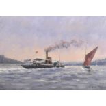 Vic Trevett (19th - 20th Century) British. "Past on the Medway", A Steam Boat Passing a Sailing Boat