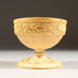 A GOOD CARVED EUROPEAN IVORY CIRCULAR CUP, carved with two bands of flowers. 3ins diameter x 2.