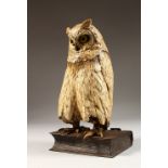 A GOOD AUSTRIAN PAINTED COLD CAST OWL, standing on a book. 11ins high.
