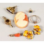 AN OVAL CAMEO, KEY FOB, CORAL HAND RING and a pair of ear clips.