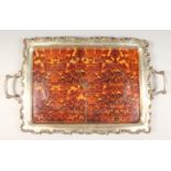 A FAUX TORTOISESHELL AND PLATE TWO-HANDLED TEA TRAY. 24ins long.