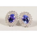 A PAIR OF GOOD 18CT WHITE GOLD, TANZANITE AND DIAMOND EARRINGS of 4cts.