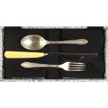 A SILVER CHRISTENING SPOON AND FORK with a knife.