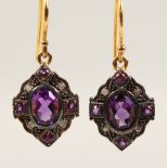 A PAIR OF 9CT GOLD, AMETHYST AND DIAMOND EARRINGS.