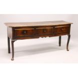 AN 18TH CENTURY OAK DRESSER, with a plank top, three frieze drawers with turned knob handles, shaped