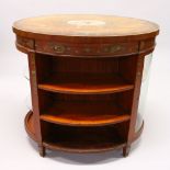 AN UNUSUAL SHERATON REVIVAL SATINWOOD AND PAINTED OVAL TABLE/BOOKCASE, with an oval top painted with