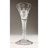 A SUPERB JACOBITE TAPERING WINE GLASS, with air twist stem and bowl engraved with rose and