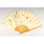 A LARGE CHINESE WOOD AND PAPER FAN, painted with birds and butterflies. 24ins open.