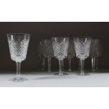A SET OF TEN WATERFORD HOBNAIL CUT LARGE WINE GLASSES.