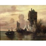 Roberto (20th Century) Dutch. An Estuary Scene with Figures in Boats, Oil on Panel, Signed, 8" x