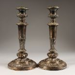 A LARGE PAIR OF GEORGE IV CIRCULAR CANDLESTICKS on loaded bases. 12ins high. Sheffield 1828. Maker