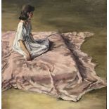 20th Century English School. A Woman seated on a Pink Blanket, Oil on Board, Unframed, 25.5" x 24.