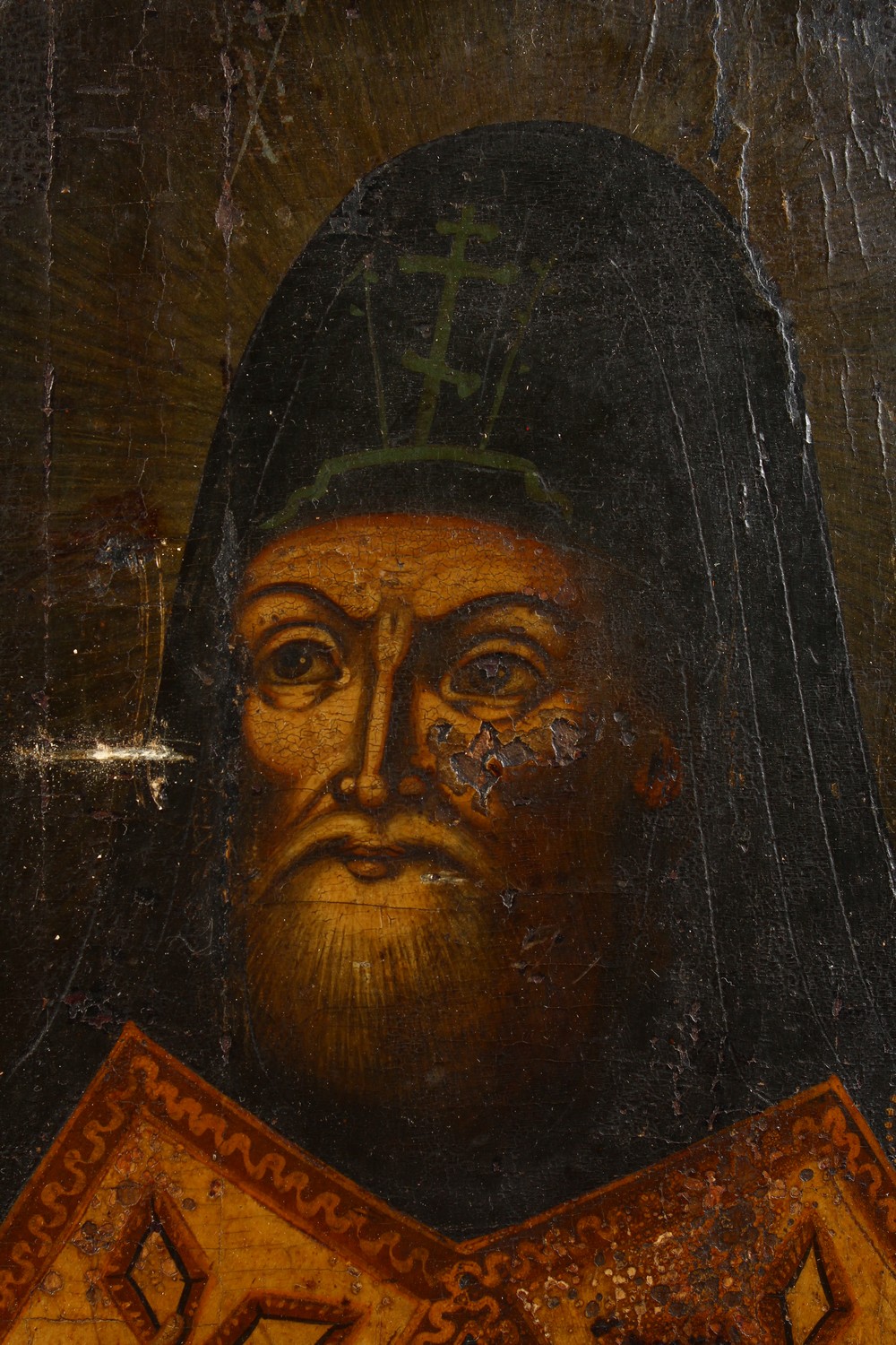 A RUSSIAN ICON. SAINT MITROFAN OF VORONEZH (1623-1703), on wood. See label on reverse. 15.5ins x - Image 3 of 10