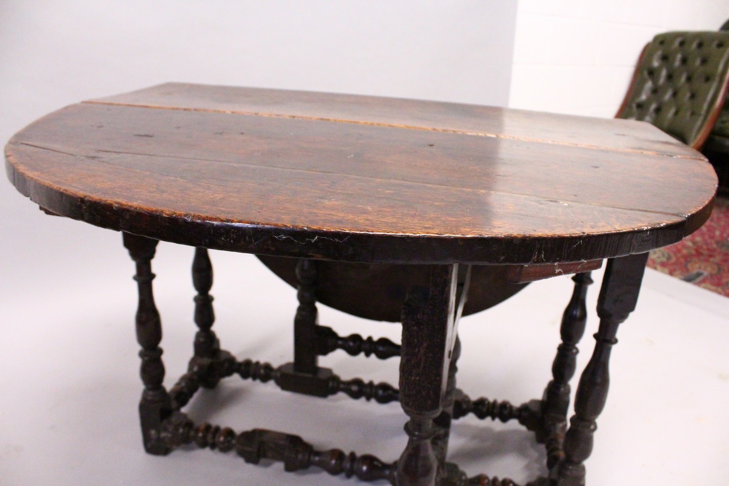 AN 18TH CENTURY OAK OVAL DROP LEAF GATE-LEG DINING TABLE, with baluster turned legs, and similar - Image 4 of 5