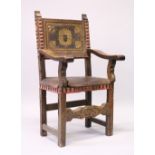 A GOOD 17TH CENTURY WALNUT ARMCHAIR, with embossed and gilded leather back, overstuffed leather