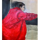20th Century English School. Study of a Lady, dressed in Red, Mixed Media, Unframed, 31" x 27.25".