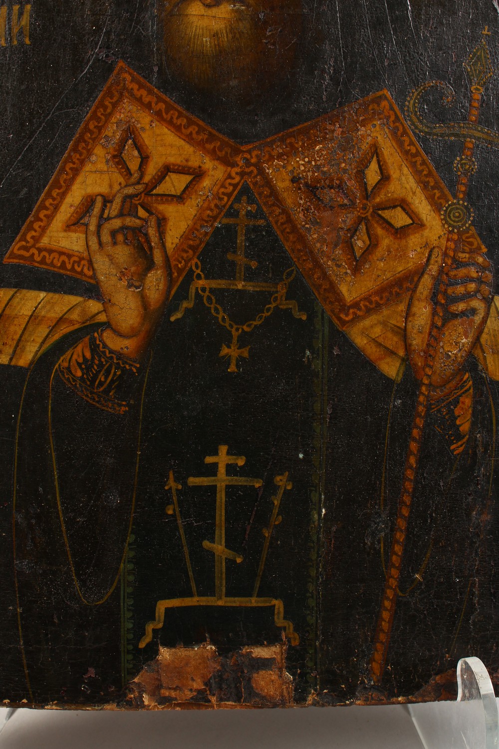 A RUSSIAN ICON. SAINT MITROFAN OF VORONEZH (1623-1703), on wood. See label on reverse. 15.5ins x - Image 5 of 10