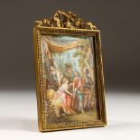 A GOOD 19TH CENTURY FRENCH MINIATURE PICTURE, classical scene in a garden. 6ins x 4ins, in an ormolu