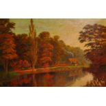 W... M... Hanna (19th - 20th Century) British. A River Landscape, with Figures by a Cottage, Oil