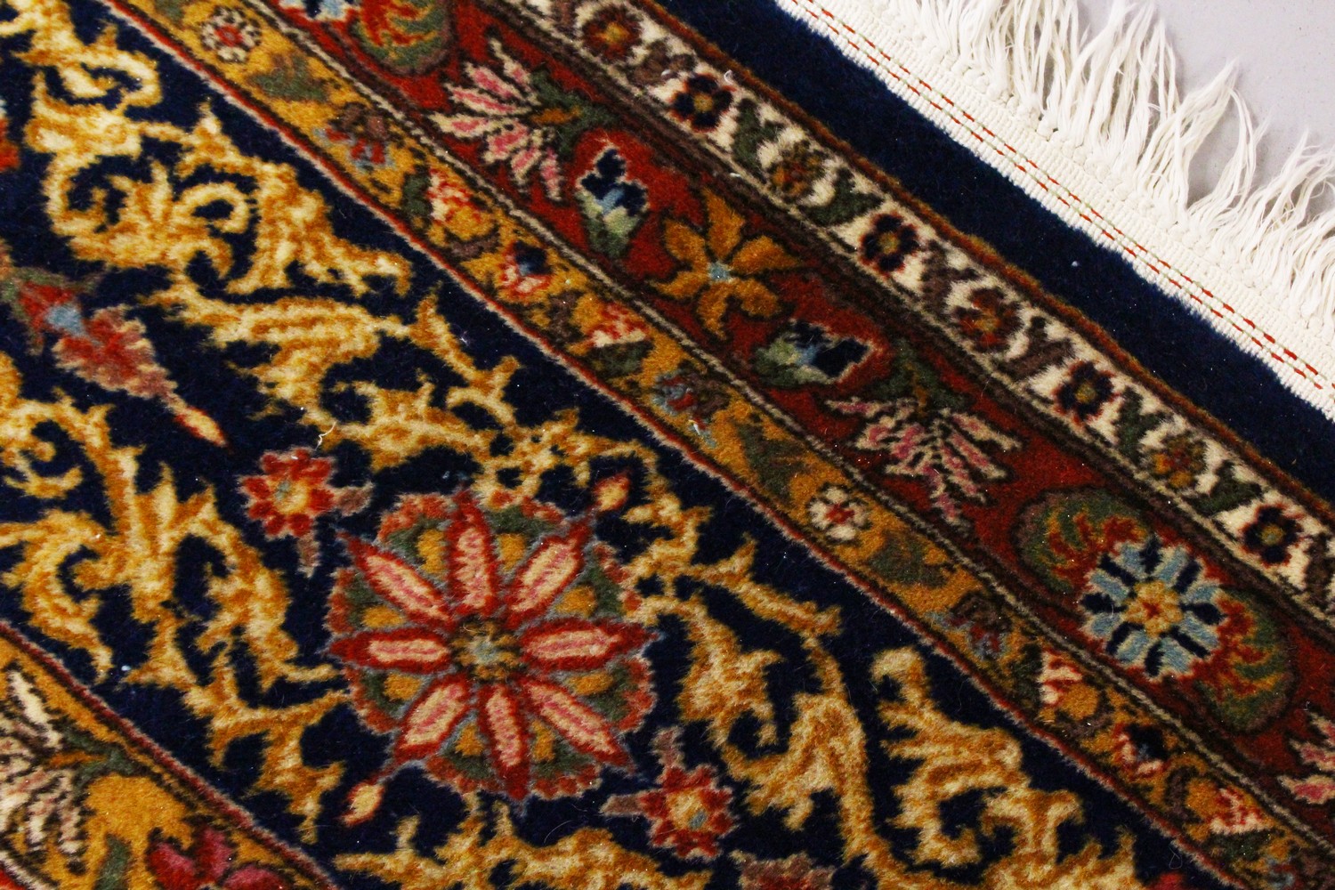 A VERY GOOD LARGE PERSIAN "GHOM" CARPET, the centre with seven rows of four floral motifs, varying - Image 4 of 10