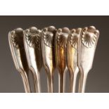 A SET OF SIX FIDDLE, THREAD AND SHELL DESSERT FORKS. London 1909. Weight 12ozs.