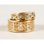 TWO 9CT GOLD AND DIAMOND RINGS.