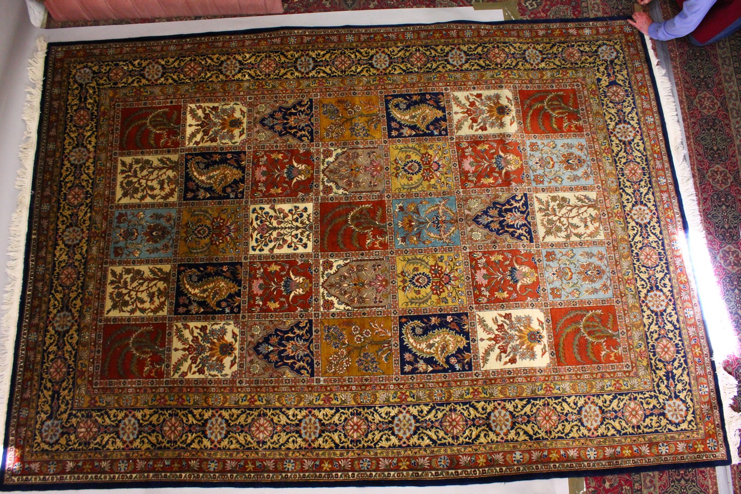 A VERY GOOD LARGE PERSIAN "GHOM" CARPET, the centre with seven rows of four floral motifs, varying - Image 2 of 10