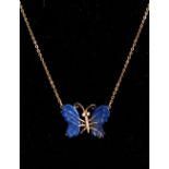 A GOLD LAPIS BUTTERFLY NECKLACE, in a red box.