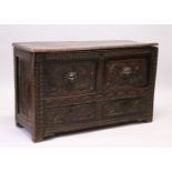 AN UNUSUAL 17TH CENTURY SMALL OAK COFFER BACK, with a single plank top having a carved edge, over