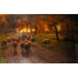Alfred Elias (act.1885-1911) British. A Shepherd and Flock on a Country Path at Dusk, Oil on Canvas,
