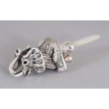 A BABIES SILVER AND MOTHER-OF-PEARL ELEPHANT TEETHING RATTLE.