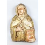 AN 18TH CENTURY CARVED, GILDED AND PAINTED FLAT BACK MADONNA holding a bible. 16ins long x 10ins