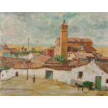 Andre Conejo (1914-1992) Spanish. A View of a Spanish Town with a Figure and Cart and Donkey in