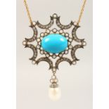 A 9CT GOLD, TURQUOISE, PEARL AND DIAMOND PENDANT AND CHAIN.