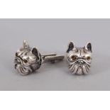 A PAIR OF SILVER FRENCH BULLDOG CUFFLINKS.