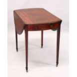 A GEORGE III MAHOGANY PEMBROKE TABLE, with rounded ends, a single drawer, on tapering square legs