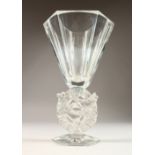 A GOOD LALIQUE HEXAGONAL TAPERING VASES, the stem with two birds and flowers, on an hexagonal