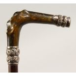 A 19TH CENTURY STICK, with carved horn handle and silver mounts. Birmingham 1867. 33ins long.