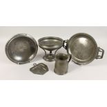 FOUR PIECES OF HAMDEN HAMMERED PEWTER and A TUDRIC JUG (5).