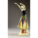 A FRENCH PORCELAIN FIGURE OF A DANCER, in a floral dress. 14ins high.