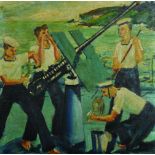 20th Century English School. "Cleaning the Oerliken, A Sea Cadet's Memory, 1950", Oil on Board,