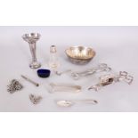 A PAIR OF SUGAR CLAWS, teaspoon, pencil, salt spoon, scent bottle, ice picks, candle snuffer,